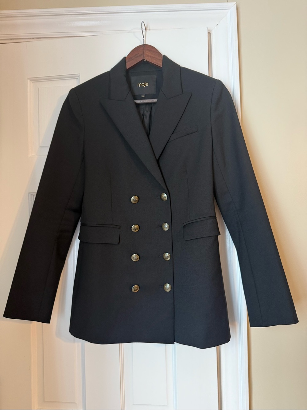 Maje Black Double-Breasted Blazer with Buttons Size 36